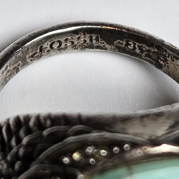 Fossil Chunky Statement Silver Tone Rhinestone Birds Turquoise Color Ring Sz 8 - Picture 6 of 12